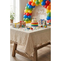 Organizasyon Monika Püsküllü Masa Örtüsü - Baby Shower, Doğum Günü, Nişan Bohem Vintage Buldan Örtü Bej
