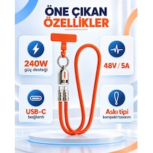 Qar Usb-c To Usb-c Askılı Şarj Ve Data Kablosu 240w 48v 5a Hızlı Şarj Örgülü Boyun Askılı Telefon Askı Aparatlı Turuncu