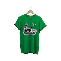 Avcılık Temalı Kuş Avı Ve Av Köpeği Baskılı %100 Pamuk Regular Fit Yeşil T-shirt Yeşil