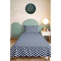 Mavi Zigzag Geometrik Genç Odası Tek Kişilik Pike Takımı - Lacivert 160x220 Cm Kapitone Yatak Örtüsü Gölge Yün Hissi