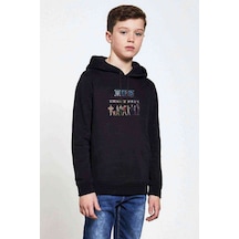Tshirthane Zoro One Piece Baskılı Unisex Çocuk Kapüşonlu Siyah Sweatshirt Siyah