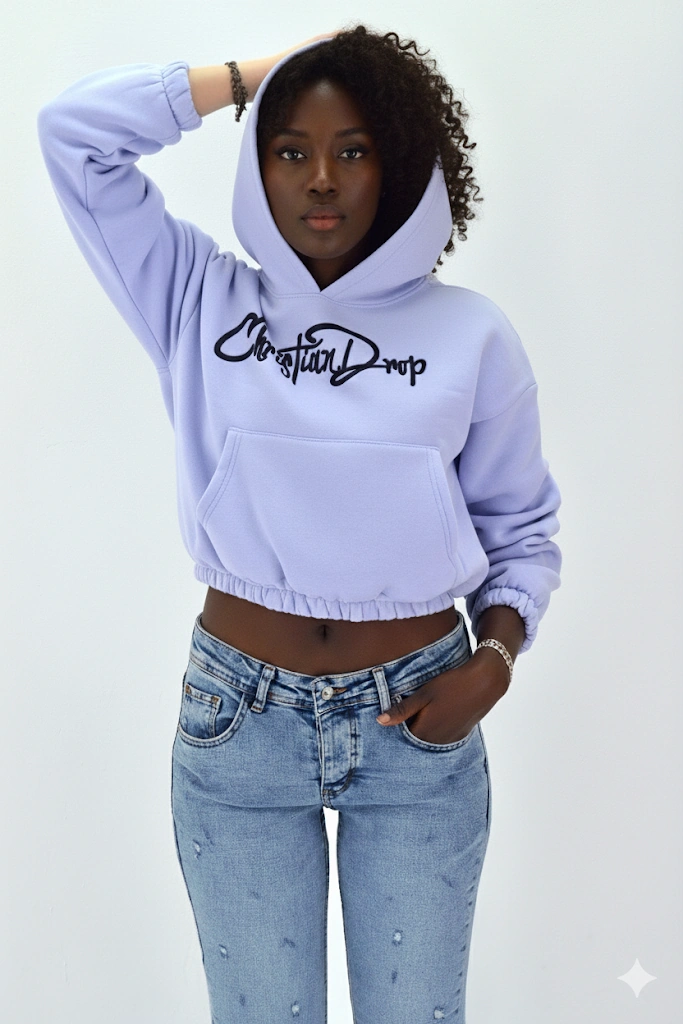 Kadın Neon Christian Drop Yazılı Kapüşonlu Crop Kesim Lila Sweatshirt Nakış İşlemeli Lila