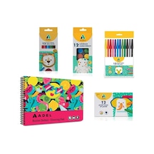 4 Lü Boyama Seti + Resim Defteri 25x35, 12 Renk, Keçeli Kalem, Kuru,pastel Ve Sulu Boya, Fırça Dahil