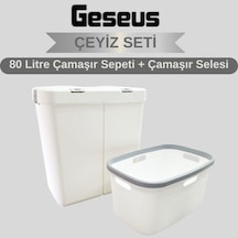Gümüş Ikili Dokunmatik 80 Lt Çamaşır Sepeti+çamaşır Selesi Çeyiz Seti-mt09 Beyaz - Gri