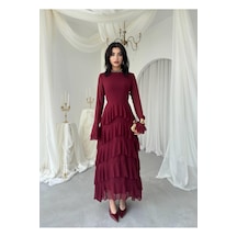 Nils Butik Katlı Şifon Detaylı Uzun Abiye Elbise Bordo