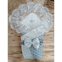 Dantelli Lüks Bebek Kundağı Unisex Bebek Dış Kundak Battaniyesi Hastane Çıkışı Mevlütlük Hediyelik Knd45401 Gümüş