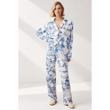 Benerly Kadın Gömlek Yaka Tek Kol Uzun Kollu Regular Kalıp Dokuma Pijama mavi