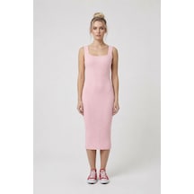 Neden Tekstil Premium Fit Kare Yaka Fitilli Triko Midi Elbise - Pembe