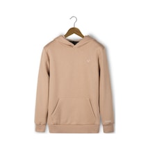 Unisex Kahve Göğsü Ve Kolu Baskılı Kalın Üç Iplik Şardonlu Kapüşonlu Hoodie Sweatshirt Kahve