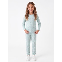 Onloox Kız Çocuk Su Yeşili Kız Çocuk Su Yeşili Pamuklu Penye Bisiklet Yaka Uzun Kollu Çiçek Desenli Pijama Takımı 4-8 Yaş
