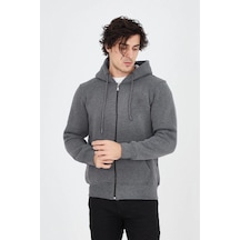 Erkek 3 İplik Pamuklu Fermuarlı Kapüşonlu Kanguru Cepli Hoodie Hırka Sweatshirt - Füme