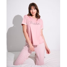 Burcumay Kadın Kısa Kollu Yumuşak Dokulu Pembe Pijama Takımı Pembe