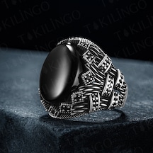 Takılingo 925 Ayar Gümüş Oval Siyah Oniks Taşlı Zirkon Detaylı Erkek Yüzük Gümüş