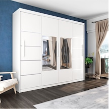 Sürgülü Gardırop Dört Kapaklı Aynalı Beyaz Dolap 360 230 Cm