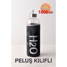 Siyah Peluş Kılıflı Cam Matara 1000 ml - Spor, Okul, Ofis ve Günlük Kullanım İçin Büyük Boy Şık Su Şişesi