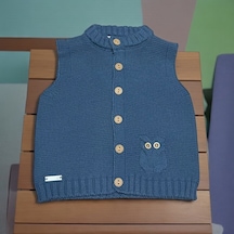 Cep Baykuş Detaylı Sıfır Yaka Triko Yelek İndigo