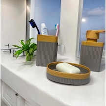 Wespa Modern Banyo Seti, 3'lü, Gri Ve Bambu Görünümlü, Sıvı Sabunluk, Diş Fırçalığı Ve Sabunluk İçeren Dekoratif Banyo Aksesuarı Diğer