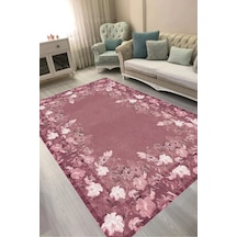 Dijital Baskılı Dikdörtgen Salon Halısı Kaymaz Yıkanabilir Keçe Taban Çiçekli P1388 Bordo