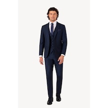 Erkek Lacivert Slim Fit Yelekli Kareli Desen Takım Elbise