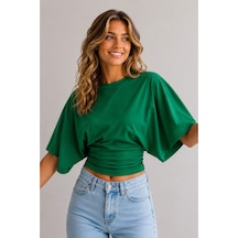 Overmax Bele Oturan Oversize Kollu Premium Crop Bluz Yeşil - 880759104 Yeşil