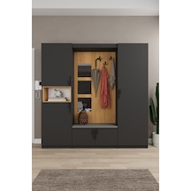 Lüks Aynalı Portmanto Askılı Vestiyer %100 Mdf Çok Raflı Ayakkabılık V05 Koyu Gri - Karina