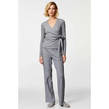 Benerly Kadın Kruvaze Yaka Uzun Kol Regular Fitilli Örme Pijama Takımı Fo Gri Melanj