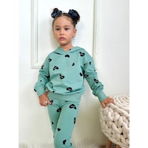 Lolliboomkids Kız Çocuk Mini Kalp Love Desenli Kapüşonlu Alt Üst Takım 2 Parça Yeni Sezon Yeşil