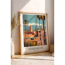 Marrakech Morocco Vintage Seyahat Posteri Çerçeveli Tablo - Premium Atlas Dağları Elit Duvar Dekoru Kayın