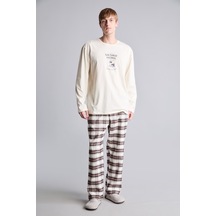 Defacto %100 Pamuk Baskılı Ekoseli New Regular Fit Uzun Kollu 2li Flanel Pijama Takımı H9920ax26auer238 Ekru-er238