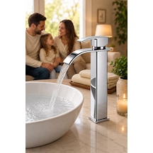 Viosa Krom Kare Şelale Serisi Uzun Aç Kapa Çanak Lavabo Bataryası 5 Yıl Garantili Musluk Siyah