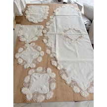 Salon Takımı Çeyizlik Krem Runner Set 5 Parça Keten Masa Örtüsü Runneri Flowers Sarı
