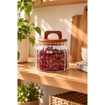 Atbyhome Akasya Kapaklı Çizgili Borosilikat Cam Kavanoz 850 Ml - Vakumlu Büyük Boy Erzak Bakliyat Saklama Kabı