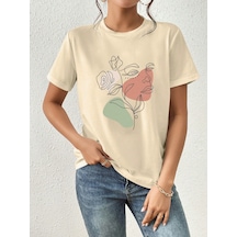 Portrait & Flower Baskılı Oversize Tshirt Bej