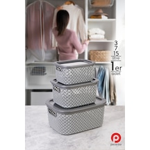 3 Boy Çok Amaçlı Kapaklı Sepet Kutu Organizer / Xl Çamaşır Sepeti - L Banyo Sepeti- M Organizer Gri Gri