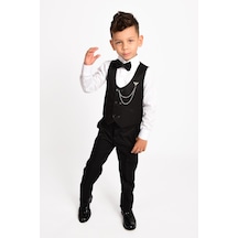 Merdia Kids Erkek Çocuk Smokin Takım Elbise Gömlek, Pantolon, 6 Düğmeli Yelekli, Papyonlu, Zincirli Siyah