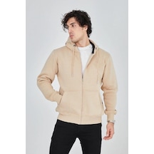 Erkek 3 İplik Pamuklu Fermuarlı Kapüşonlu Kanguru Cepli Hoodie Hırka Sweatshirt -bej