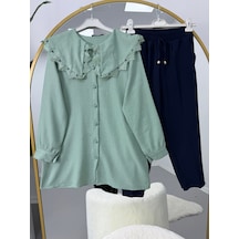 Lovie Moda Yakası Dantel Detaylı Pantolonlu Takım Yeşil-lacivert