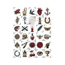 30 Adet Old School Dövme Sticker Seti - Laptop Telefon Defter Valiz İçin Çok Renkli
