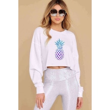 Watercolor Pineapple Baskılı Crop Kadın Beyaz Sweatshirt (534802206)