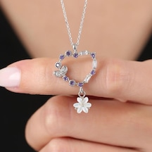 Mia vento Manolya Çiçeği Ametist Taşlı Kalp Tanesi Flowers Gümüş Kolye