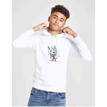 Tshirthane Kiss Cat Technology Baskılı Unisex Çocuk Kapüşonlu Beyaz Sweat Beyaz