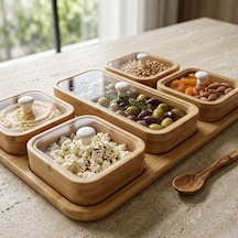 6 Parça Bambu Kahvaltılık Seti - Şeffaf Akrilik Kapaklı Kırılmaz Çerezlik, Reçellik Ve Kahvaltı Sunum Tabağı 32.5 X 22 X 4 Cm