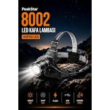 Peakstar Ps-8002 Sensörlü Zoomlu Profesyonel 3000 Lümen Xhp50 Led Usb'li Şarjlı Kafa Lambası Gümüş