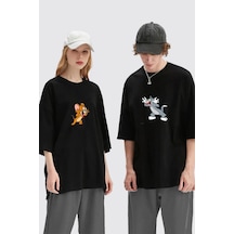 Unisex Kadın Erkek Tom Ve Jerry Baskılı Sevgili Çift Kombini Tasarım Oversize T-shirt 2'li Set Siyah Mck1959 Siyah