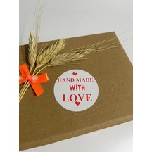 Handemade With Love Üst Ve Alt Kalpli Kırmızı Yazı Yuvarlak Yapışkanlı Etiket 4x4 Cm 120 Adet