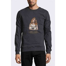 Lady Gaga Baskılı Füme Antrasit Erkek Örme Sweatshirt (528910088)