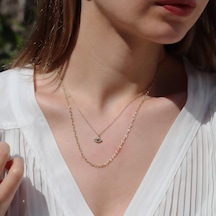 Göz Modeli 2 Zincirli Gold Kaplama Trend Gümüş Kolye Gümüş