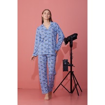 Kadın Mevsimlik Pamuklu Penye Pijama Takımı Önden Düğmeli Mavi