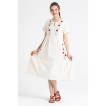 Kısa Kol Şile Bezi Lalezar Nakışlı Midi Boy Elbise Krem Krm-krem