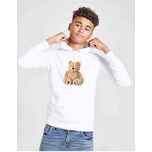 Tshirthane Peluş Ayı Bear Baskılı Unisex Çocuk Kapüşonlu Beyaz Sweatshirt Beyaz